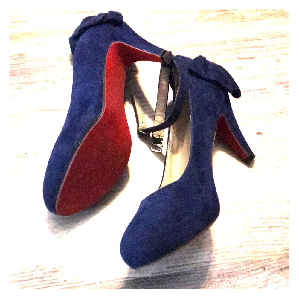 Blue sued 3in heel with red bottom and ankle strap